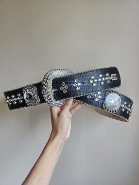 B.B. Simon Black And Silver Crystal Studded Belt with Rhinestone Buckle